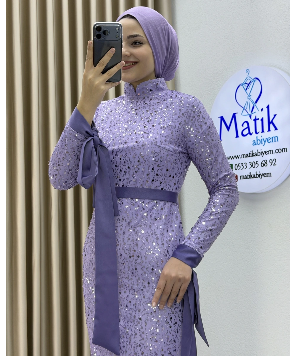 Analı Kızlı Boncuk Payet Midi Elbise