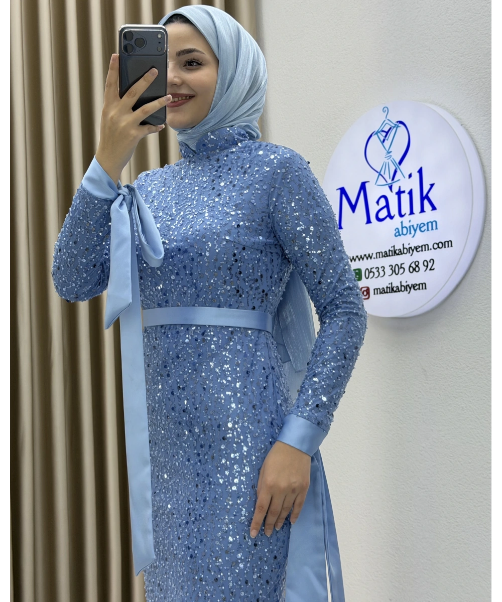 Analı Kızlı Boncuk Payet Midi Elbise
