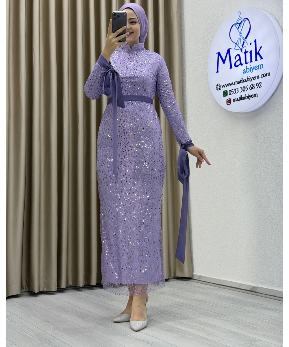 Analı Kızlı Boncuk Payet Midi Elbise