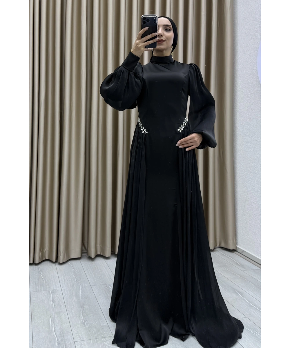 Bel Taş İşlemeli, Şifon Pile Detaylı, Balon Kollu, Dik Yaka, Uzun Boy, A Kesim Zarif Abiye Elbise