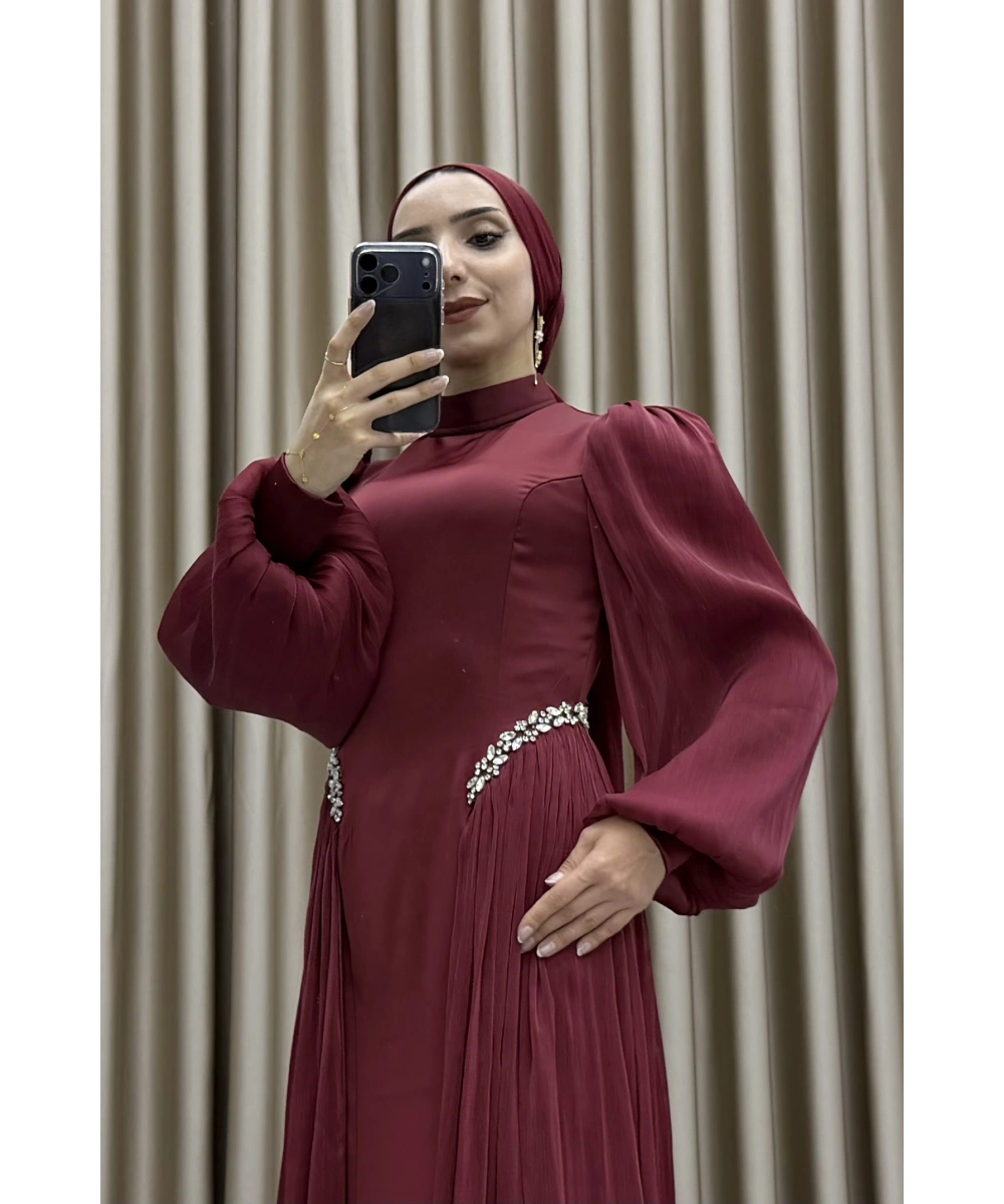 Bel Taş İşlemeli, Şifon Pile Detaylı, Balon Kollu, Dik Yaka, Uzun Boy, A Kesim Zarif Abiye Elbise