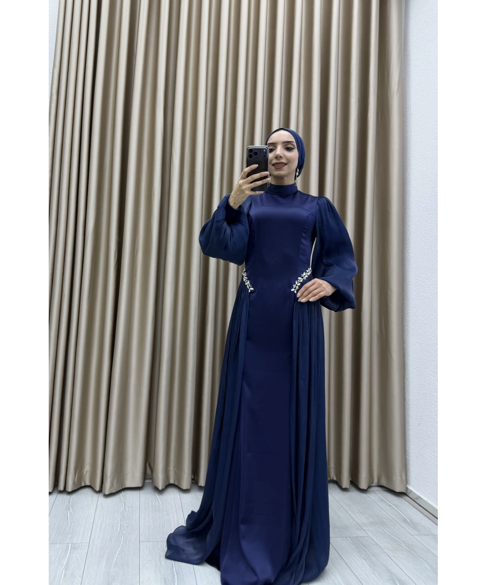 Bel Taş İşlemeli, Şifon Pile Detaylı, Balon Kollu, Dik Yaka, Uzun Boy, A Kesim Zarif Abiye Elbise