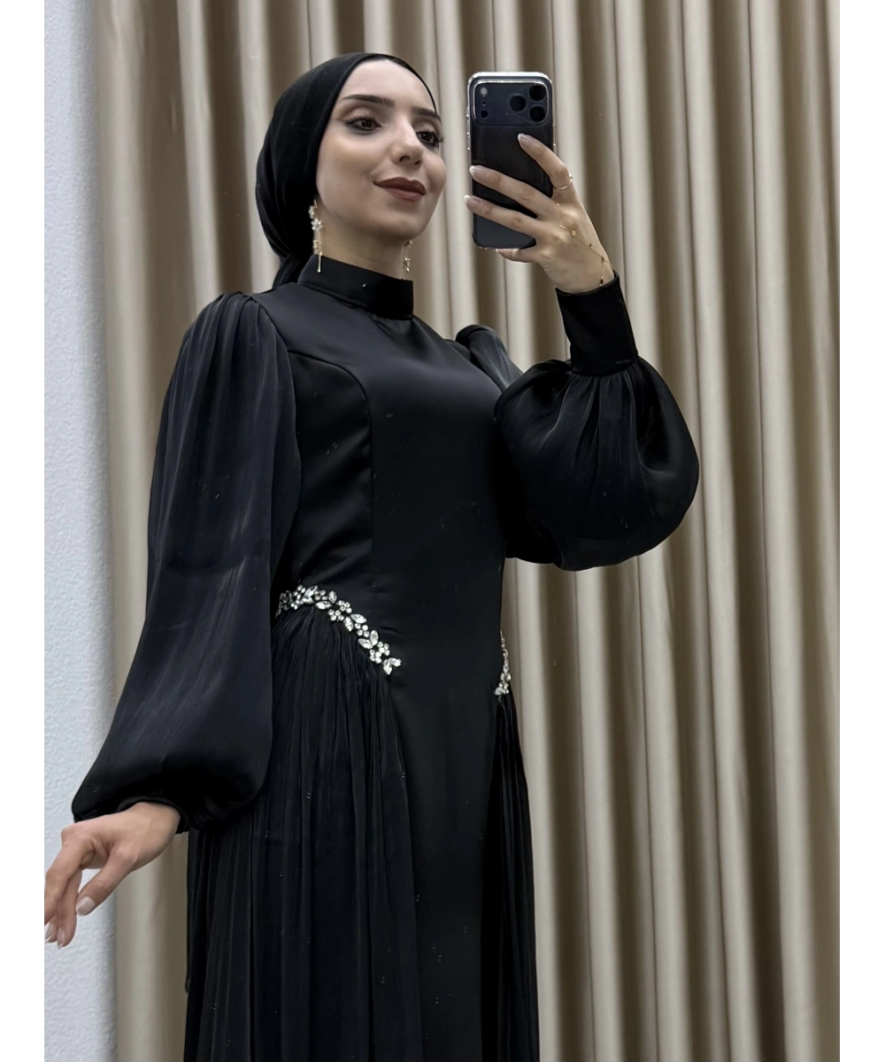 Bel Taş İşlemeli, Şifon Pile Detaylı, Balon Kollu, Dik Yaka, Uzun Boy, A Kesim Zarif Abiye Elbise