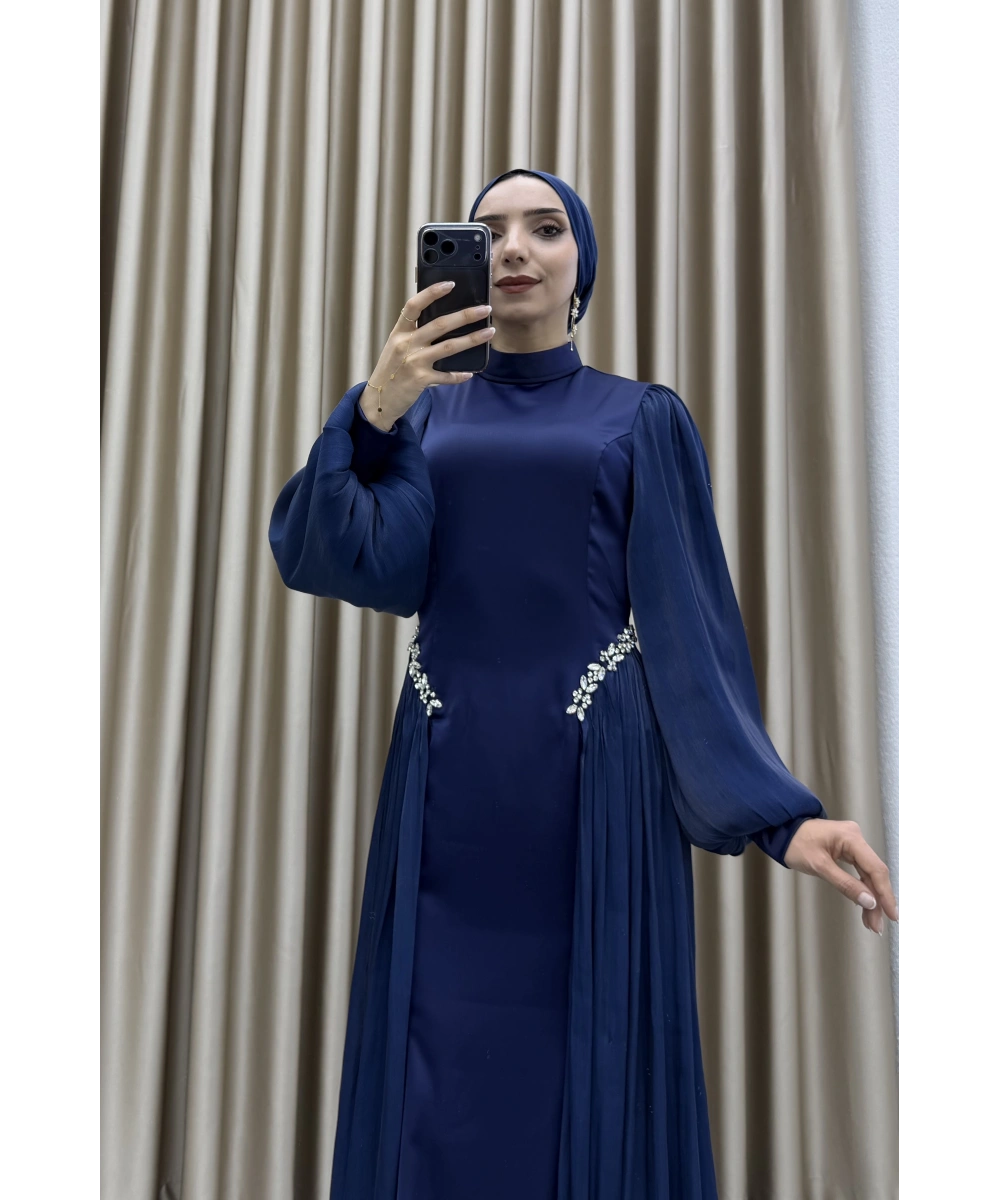 Bel Taş İşlemeli, Şifon Pile Detaylı, Balon Kollu, Dik Yaka, Uzun Boy, A Kesim Zarif Abiye Elbise