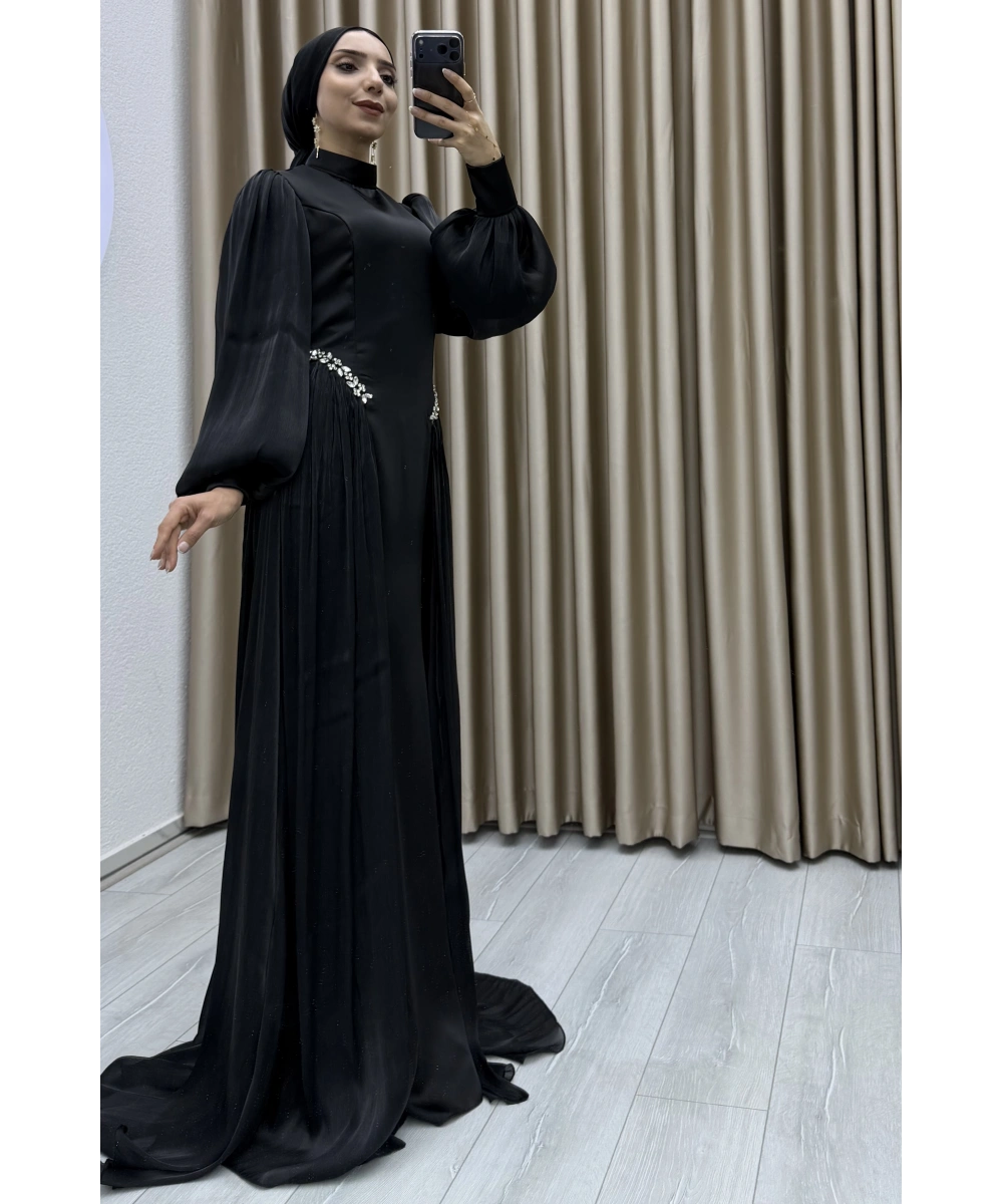 Bel Taş İşlemeli, Şifon Pile Detaylı, Balon Kollu, Dik Yaka, Uzun Boy, A Kesim Zarif Abiye Elbise