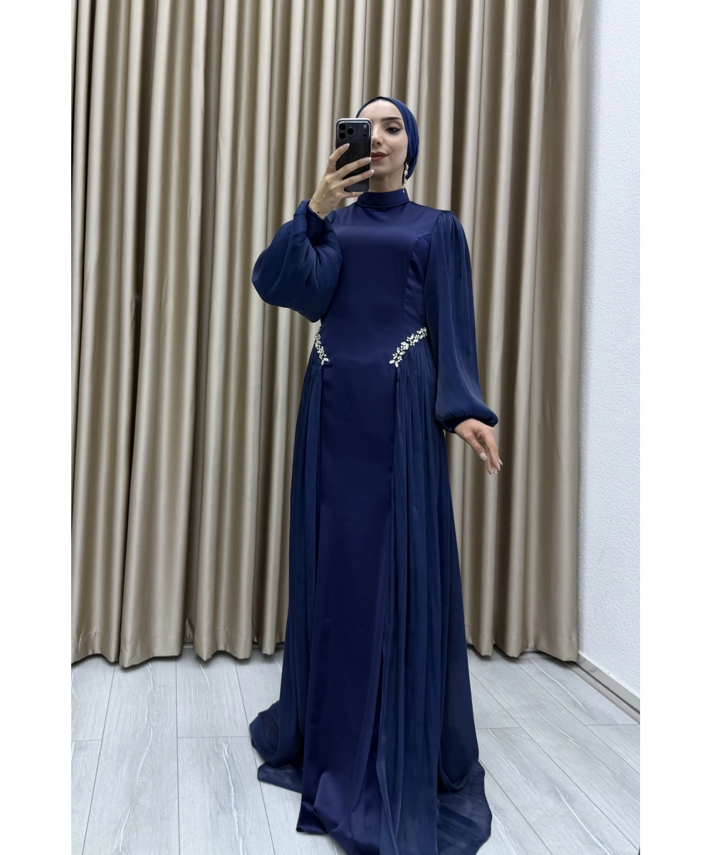 Bel Taş İşlemeli, Şifon Pile Detaylı, Balon Kollu, Dik Yaka, Uzun Boy, A Kesim Zarif Abiye Elbise