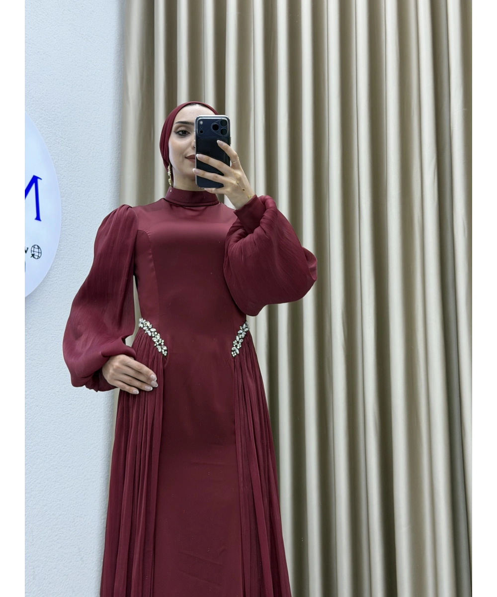 Bel Taş İşlemeli, Şifon Pile Detaylı, Balon Kollu, Dik Yaka, Uzun Boy, A Kesim Zarif Abiye Elbise