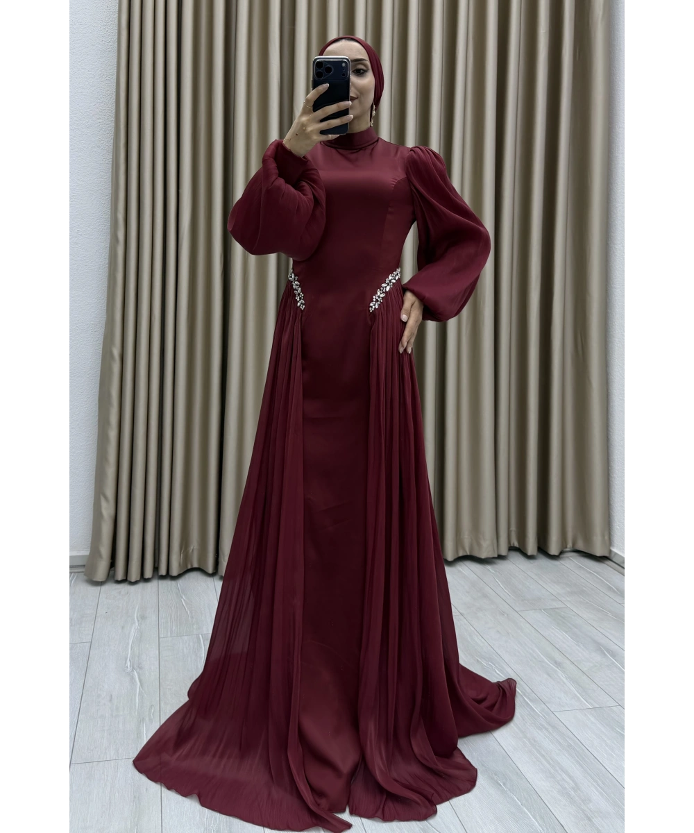 Bel Taş İşlemeli, Şifon Pile Detaylı, Balon Kollu, Dik Yaka, Uzun Boy, A Kesim Zarif Abiye Elbise