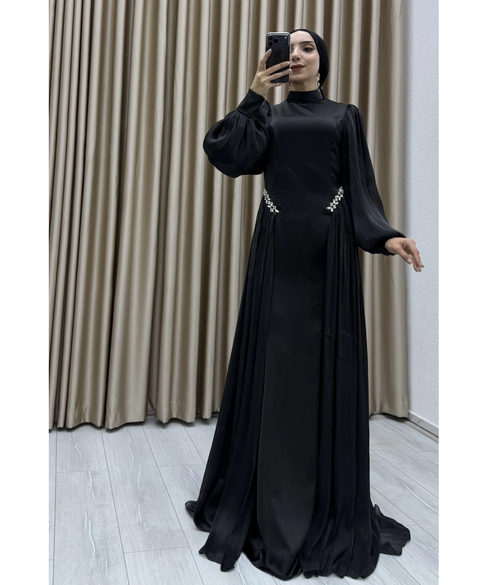 Bel Taş İşlemeli, Şifon Pile Detaylı, Balon Kollu, Dik Yaka, Uzun Boy, A Kesim Zarif Abiye Elbise