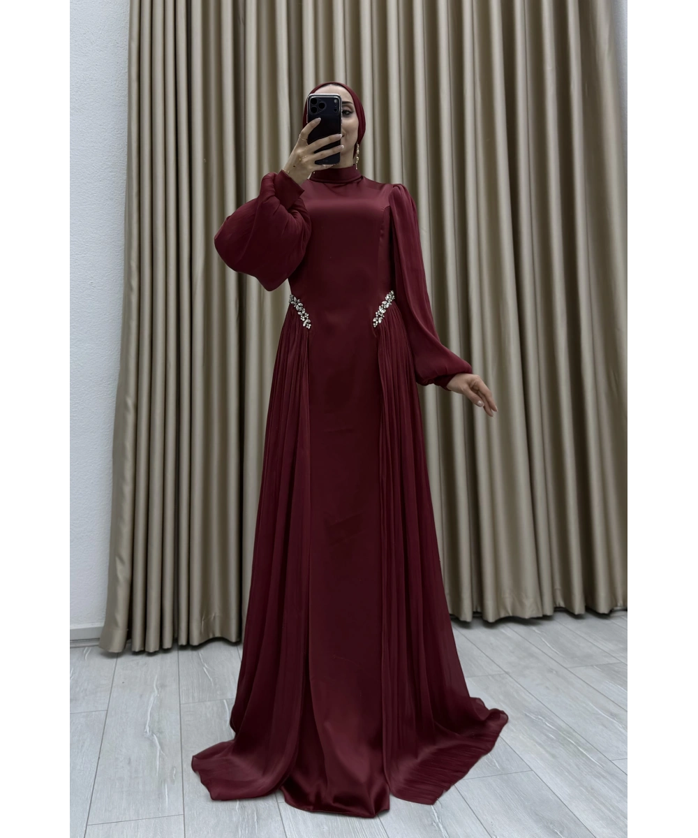 Bel Taş İşlemeli, Şifon Pile Detaylı, Balon Kollu, Dik Yaka, Uzun Boy, A Kesim Zarif Abiye Elbise