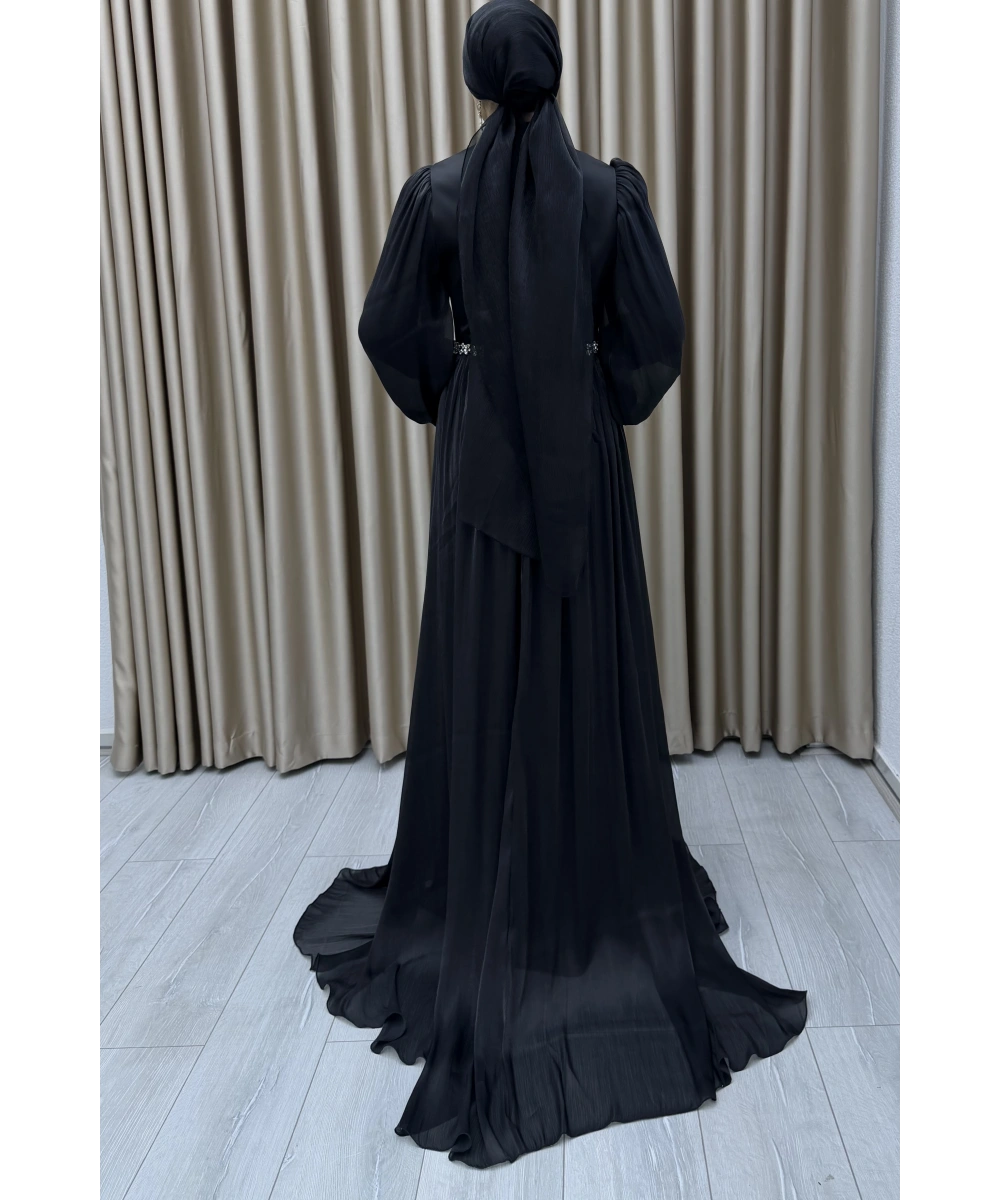 Bel Taş İşlemeli, Şifon Pile Detaylı, Balon Kollu, Dik Yaka, Uzun Boy, A Kesim Zarif Abiye Elbise