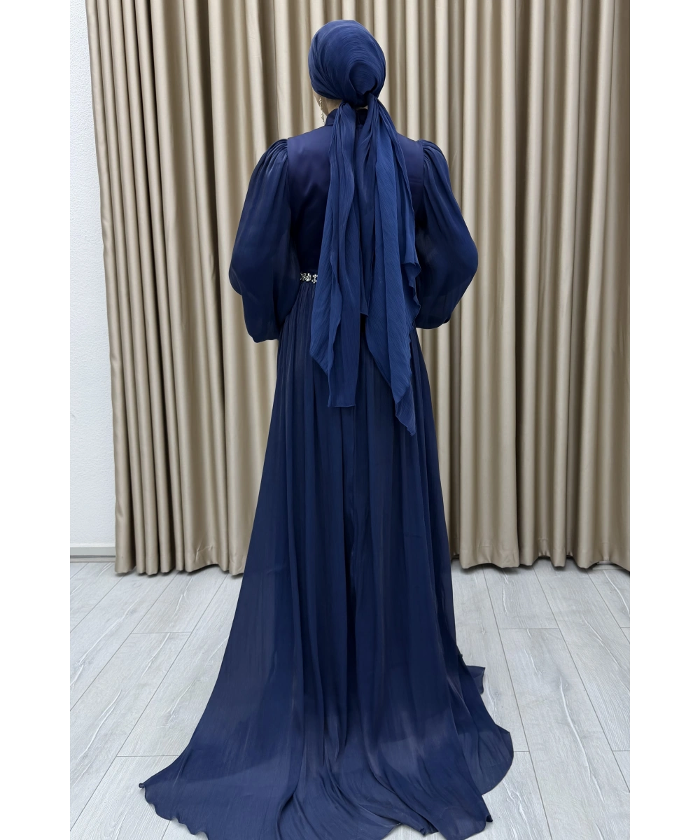 Bel Taş İşlemeli, Şifon Pile Detaylı, Balon Kollu, Dik Yaka, Uzun Boy, A Kesim Zarif Abiye Elbise