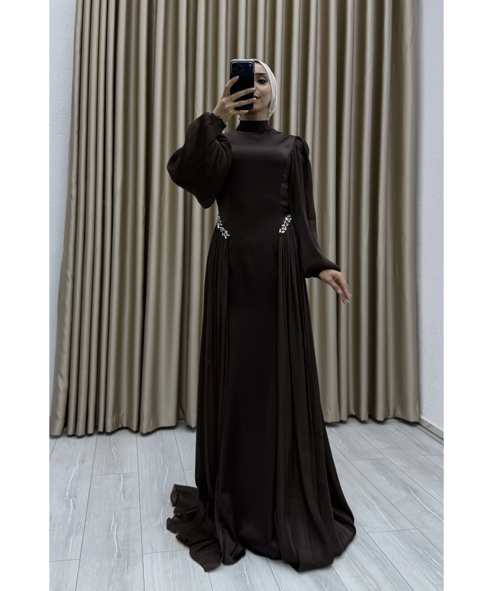 Bel Taş İşlemeli, Şifon Pile Detaylı, Balon Kollu, Dik Yaka, Uzun Boy, A Kesim Zarif Abiye Elbise