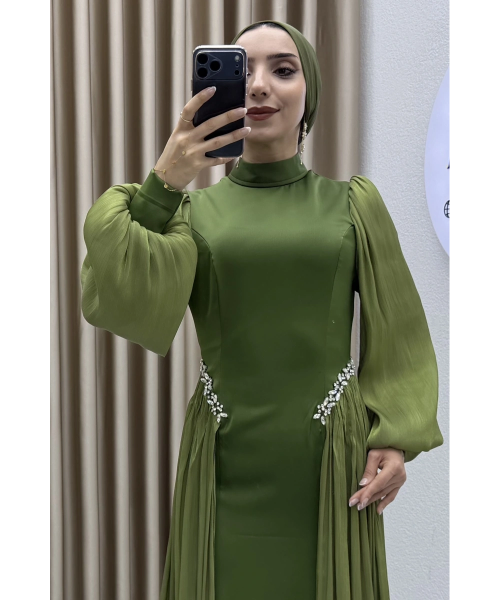 Bel Taş İşlemeli, Şifon Pile Detaylı, Balon Kollu, Dik Yaka, Uzun Boy, A Kesim Zarif Abiye Elbise