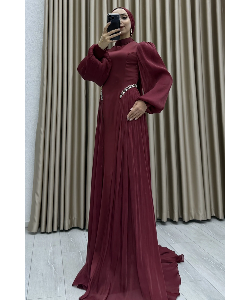 Bel Taş İşlemeli, Şifon Pile Detaylı, Balon Kollu, Dik Yaka, Uzun Boy, A Kesim Zarif Abiye Elbise