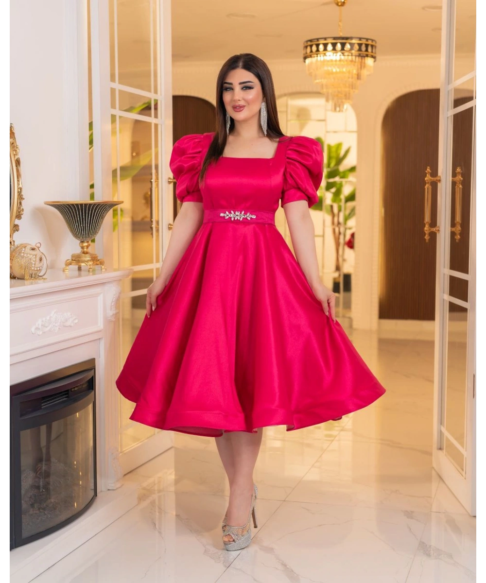 Bella Tafta Balon Kol Midi Elbise