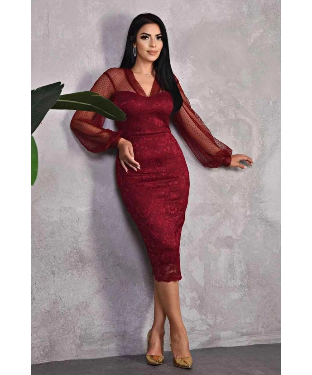 Dantel Puantiye Tasarım V Dekolteli Omuzu Kolları Transparan Yırtmaçlı Diz Altı Abiye