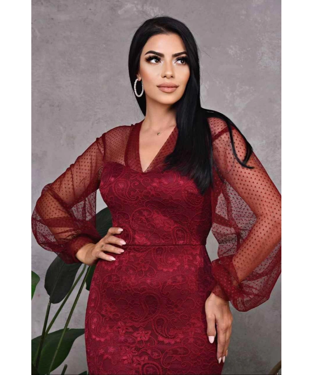 Dantel Puantiye Tasarım V Dekolteli Omuzu Kolları Transparan Yırtmaçlı Diz Altı Abiye