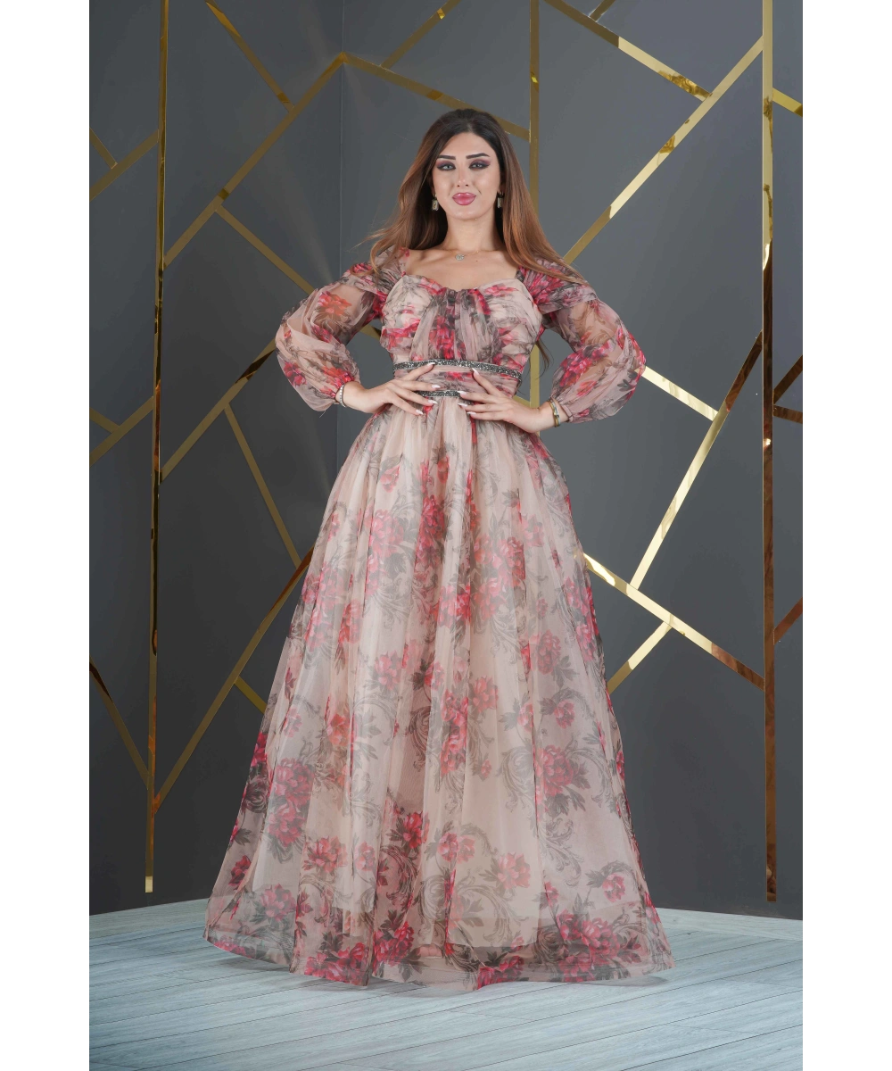 Dijital Baskılı Dekolteli Geniş Etekli Uzun Elbise Abiye