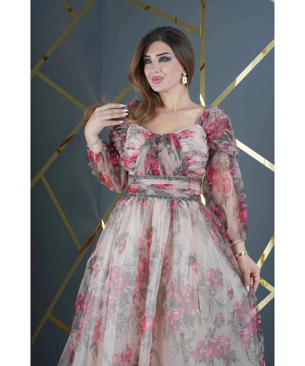 Dijital Baskılı Dekolteli Geniş Etekli Uzun Elbise Abiye