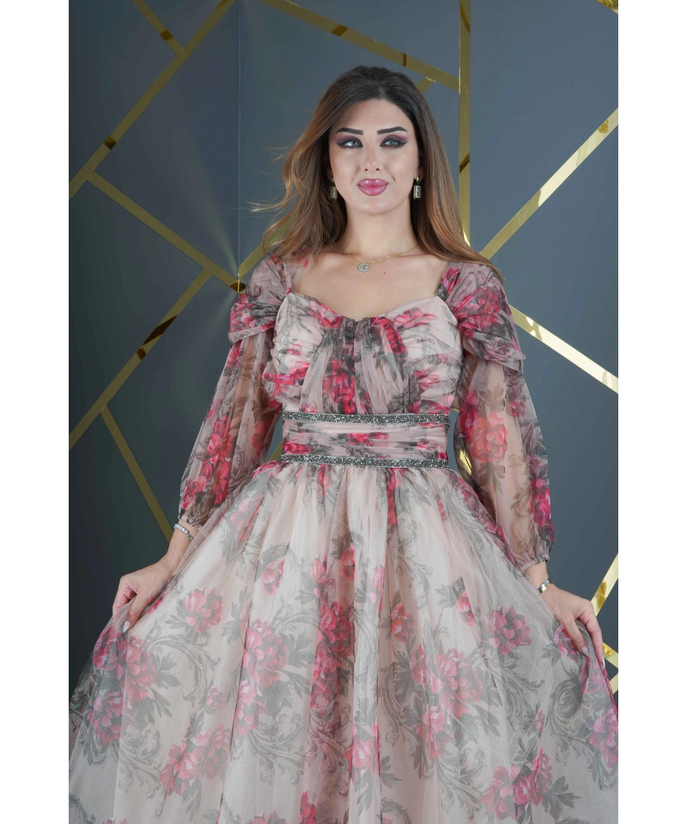 Dijital Baskılı Dekolteli Geniş Etekli Uzun Elbise Abiye