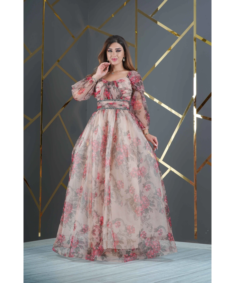 Dijital Baskılı Dekolteli Geniş Etekli Uzun Elbise Abiye