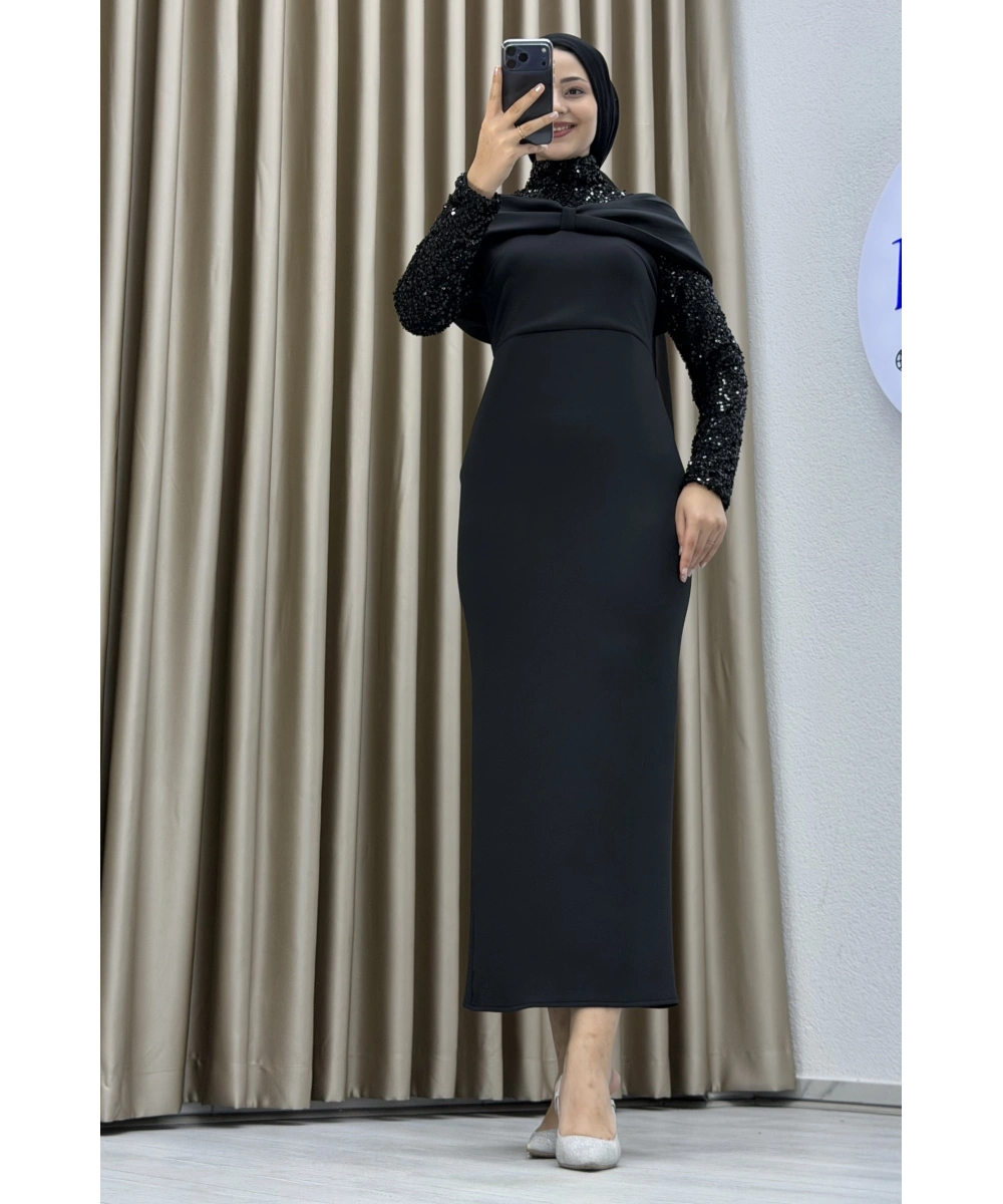 Drapeli Göğüs Detaylı, Payet İşlemeli Uzun Kollu Dik Yaka Kalem Kesim Şık Abiye Elbise