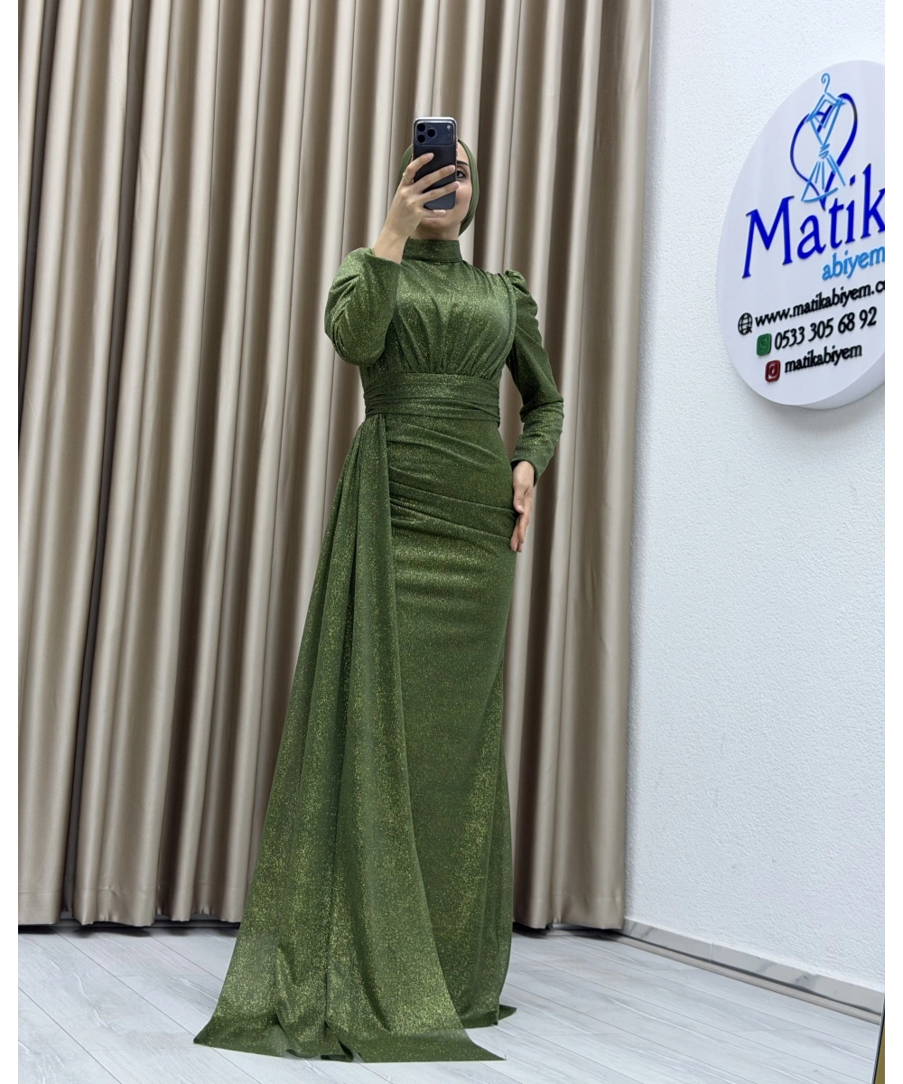Drapeli Kuşak Detaylı Uzun Abiye Elbise