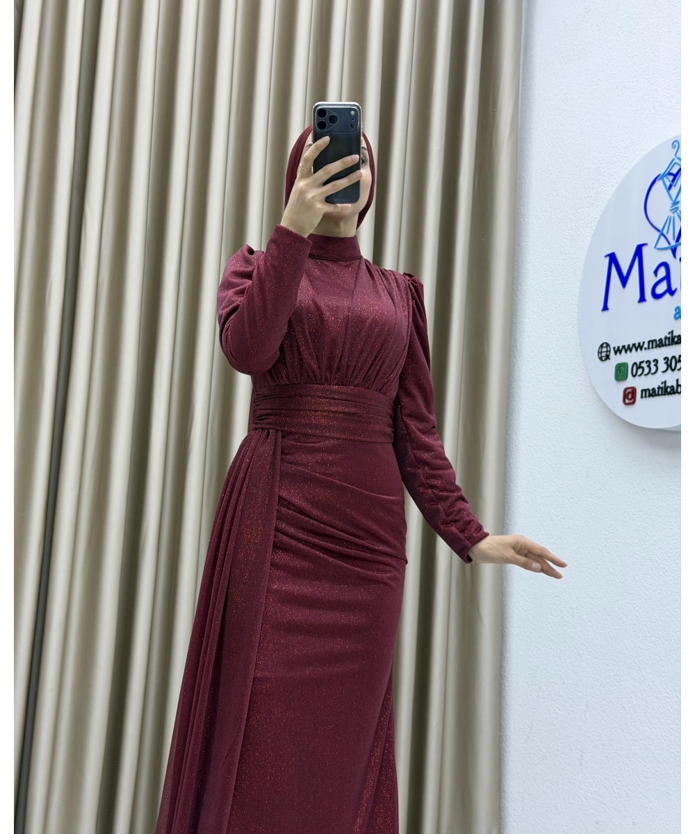 Drapeli Kuşak Detaylı Uzun Abiye Elbise