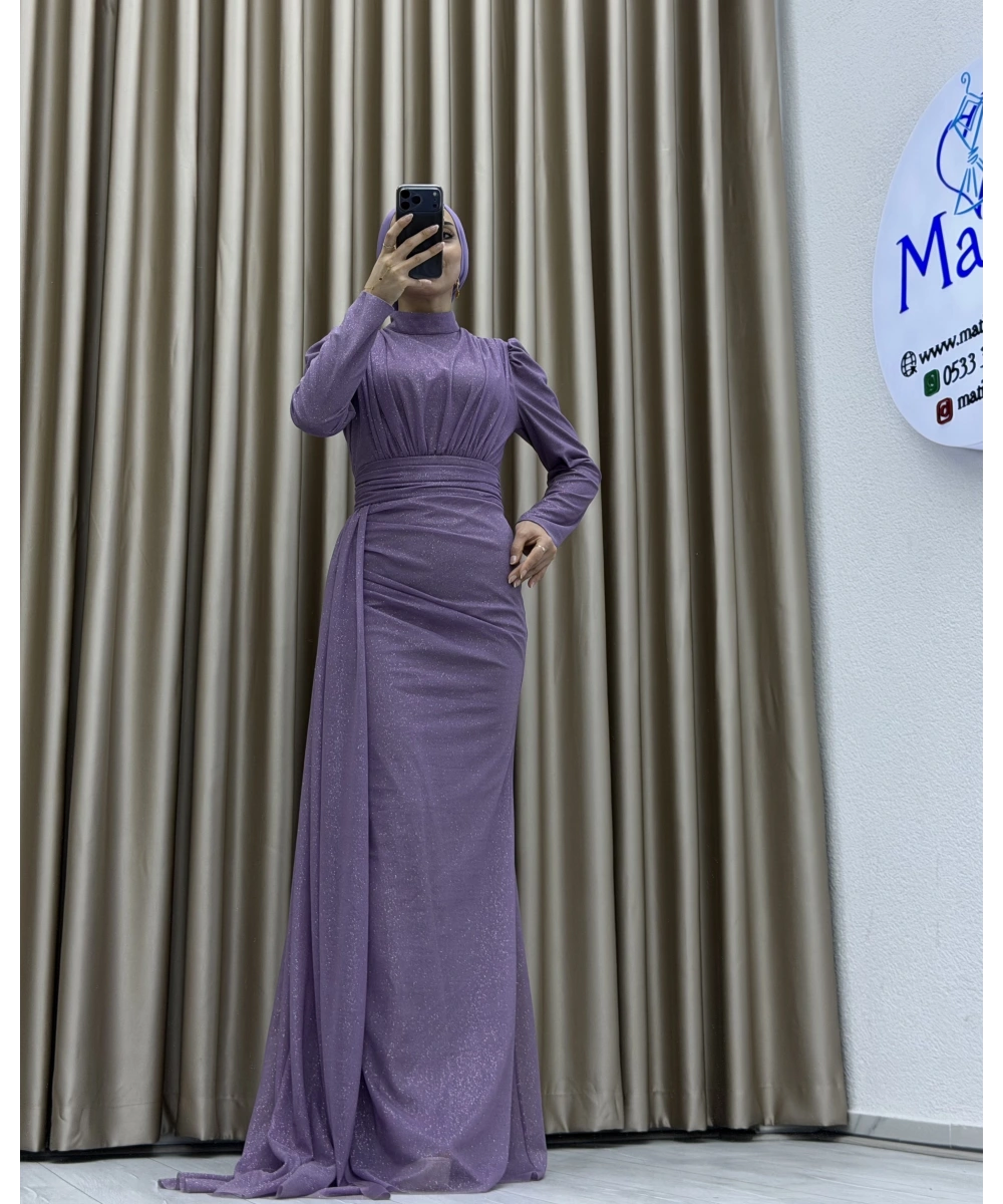 Drapeli Kuşak Detaylı Uzun Abiye Elbise