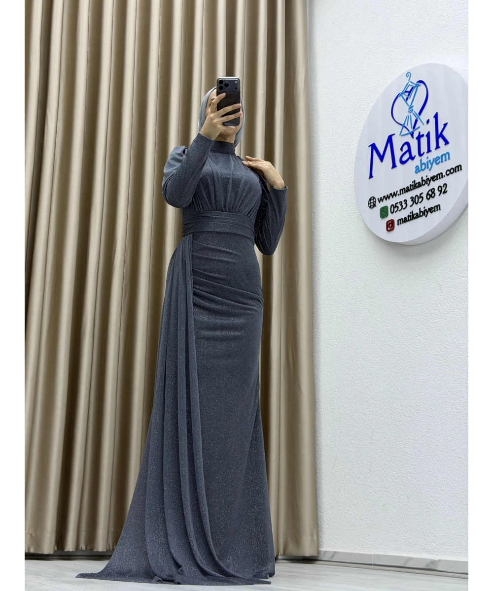 Drapeli Kuşak Detaylı Uzun Abiye Elbise