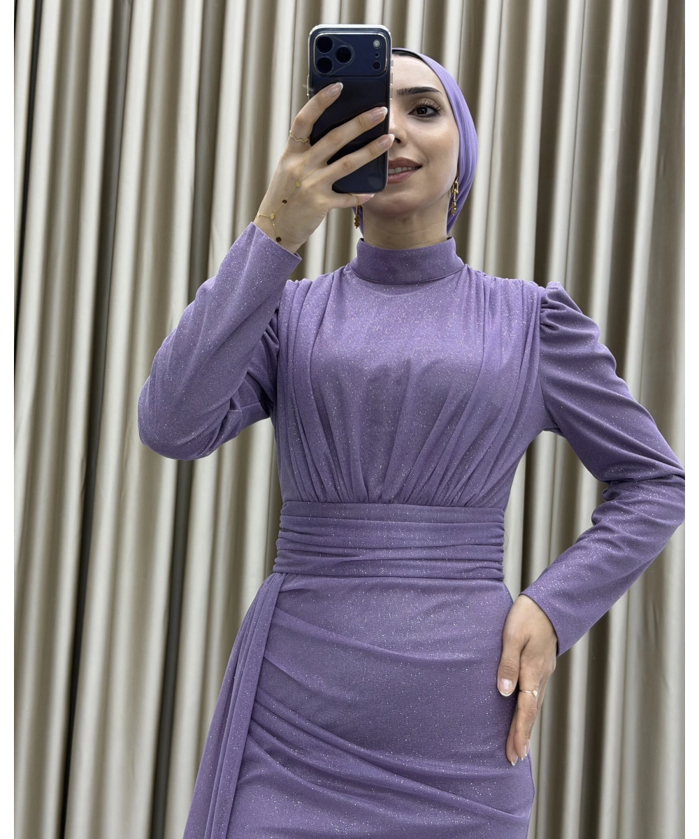 Drapeli Kuşak Detaylı Uzun Abiye Elbise