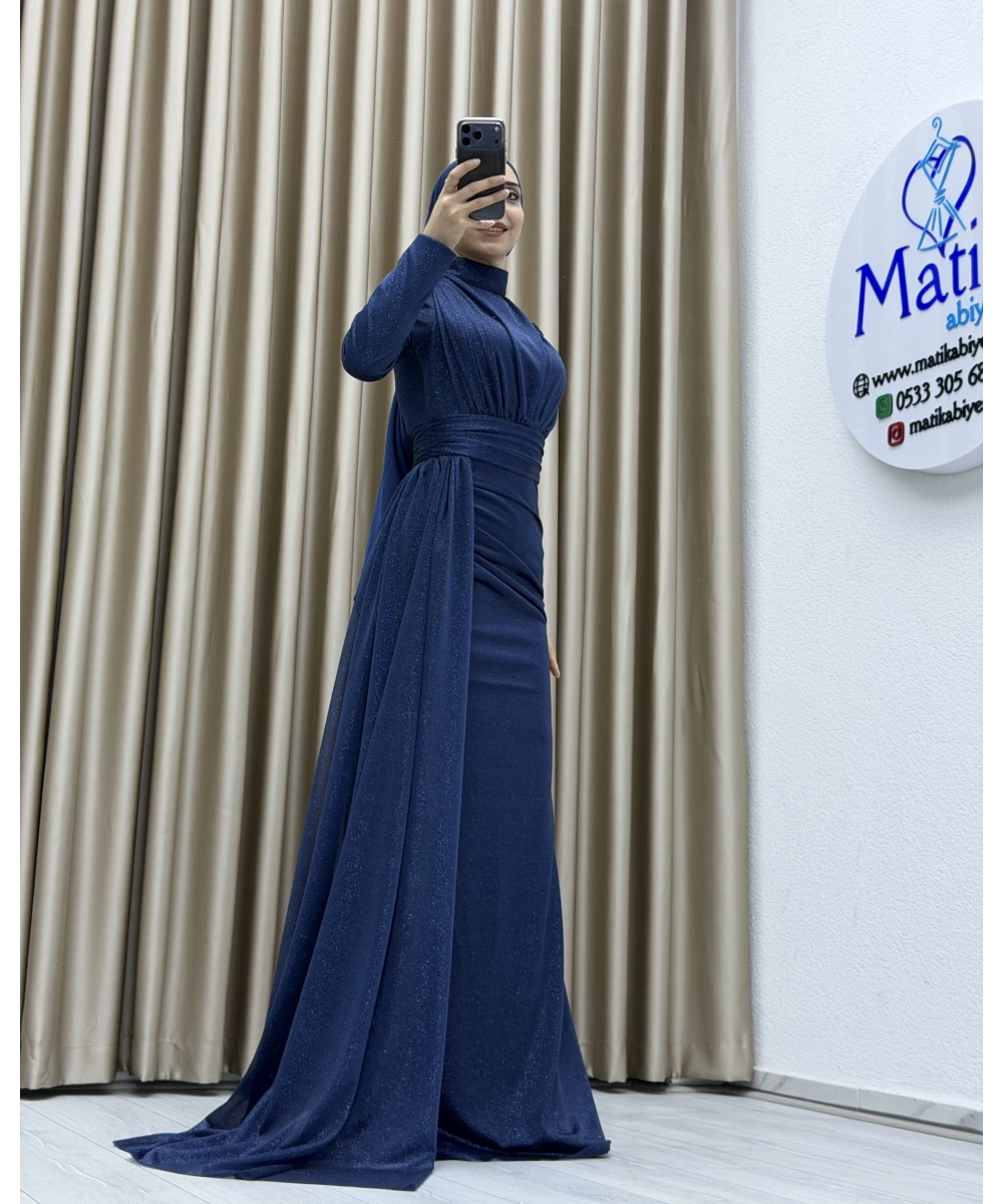 Drapeli Kuşak Detaylı Uzun Abiye Elbise