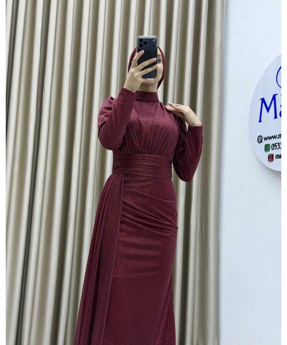 Drapeli Kuşak Detaylı Uzun Abiye Elbise