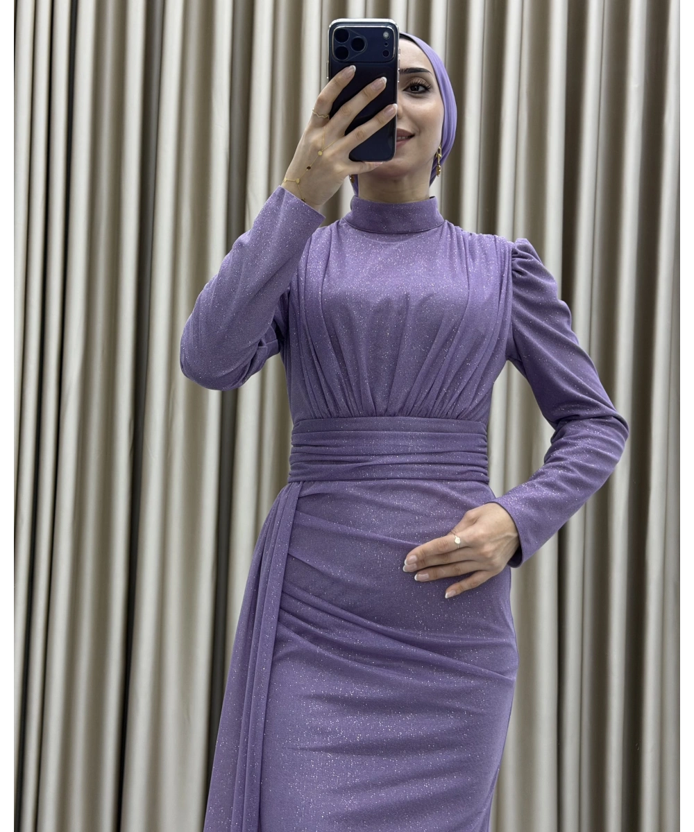 Drapeli Kuşak Detaylı Uzun Abiye Elbise