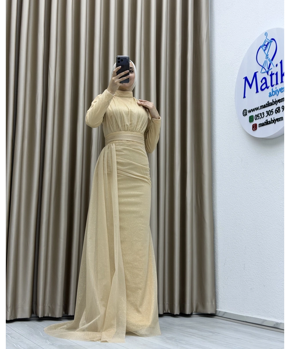 Drapeli Kuşak Detaylı Uzun Abiye Elbise