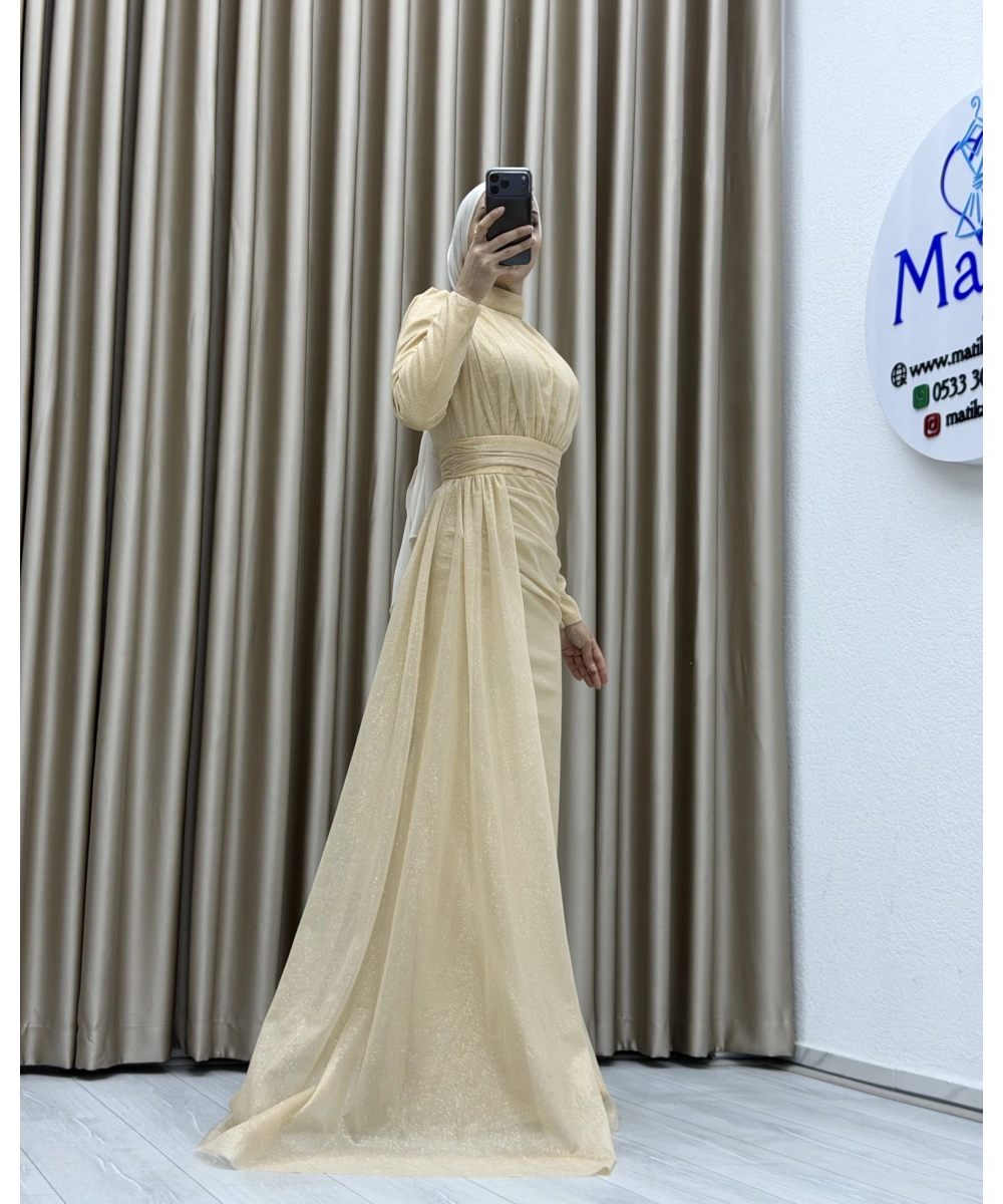 Drapeli Kuşak Detaylı Uzun Abiye Elbise