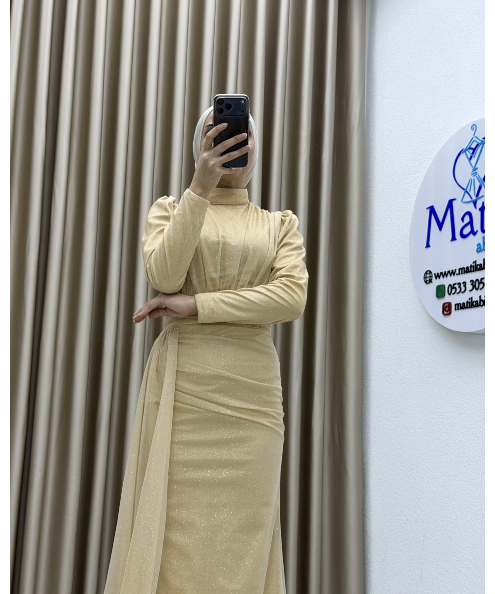 Drapeli Kuşak Detaylı Uzun Abiye Elbise