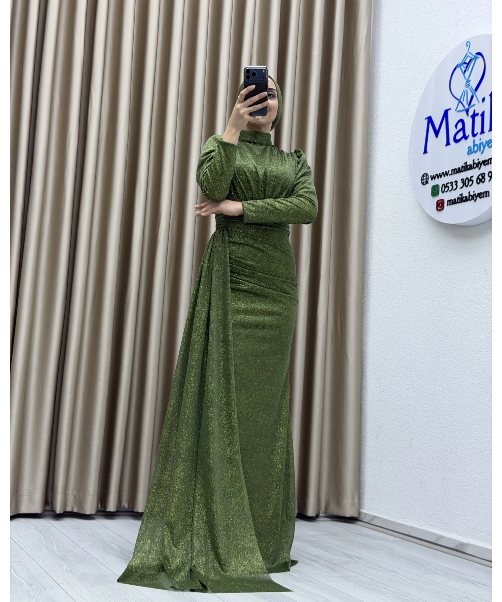 Drapeli Kuşak Detaylı Uzun Abiye Elbise