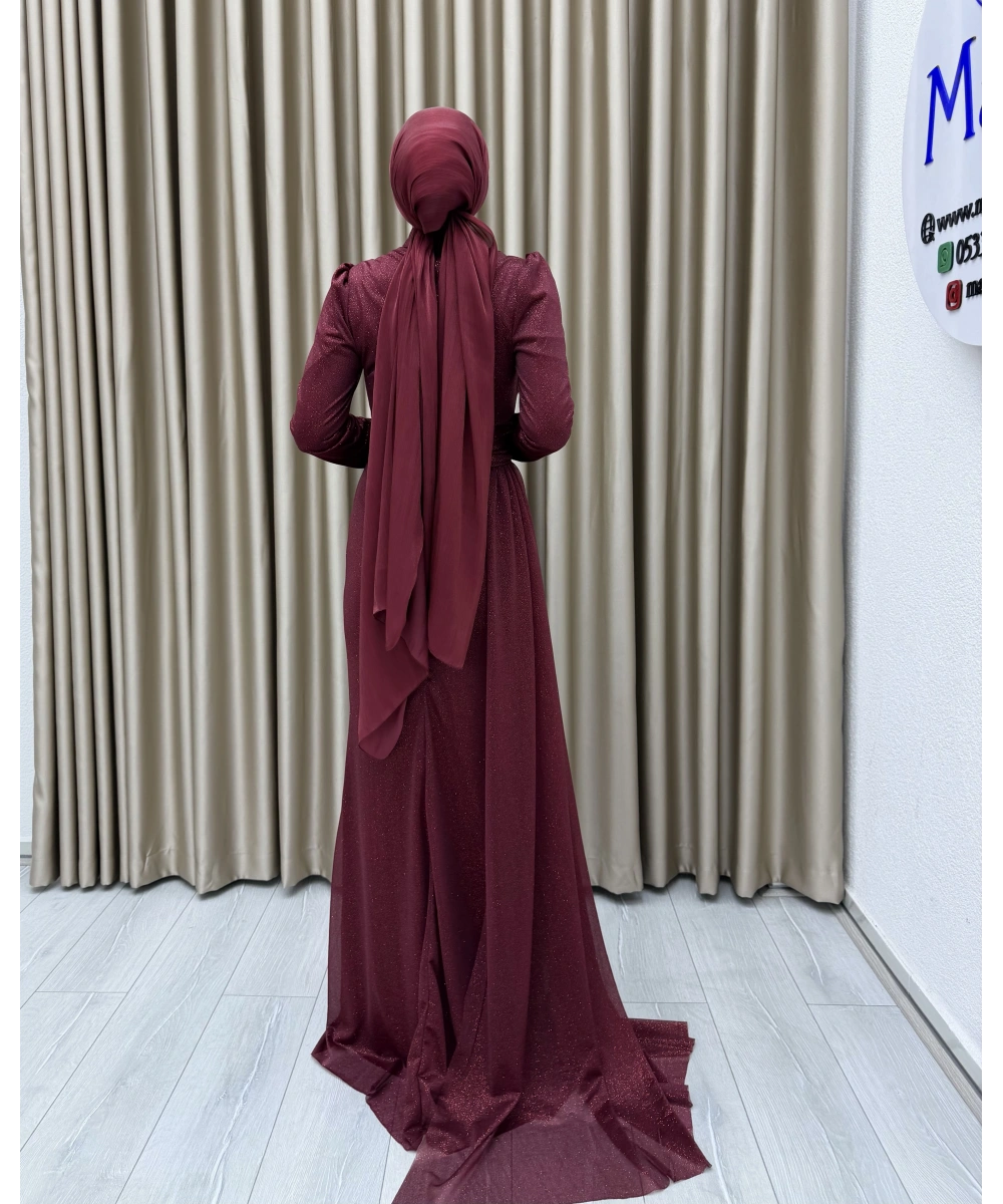 Drapeli Kuşak Detaylı Uzun Abiye Elbise