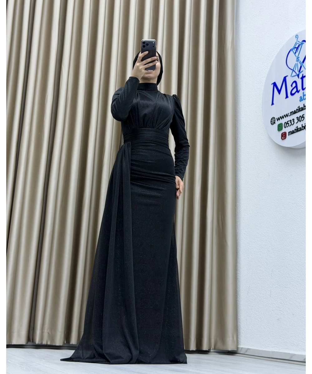 Drapeli Kuşak Detaylı Uzun Abiye Elbise