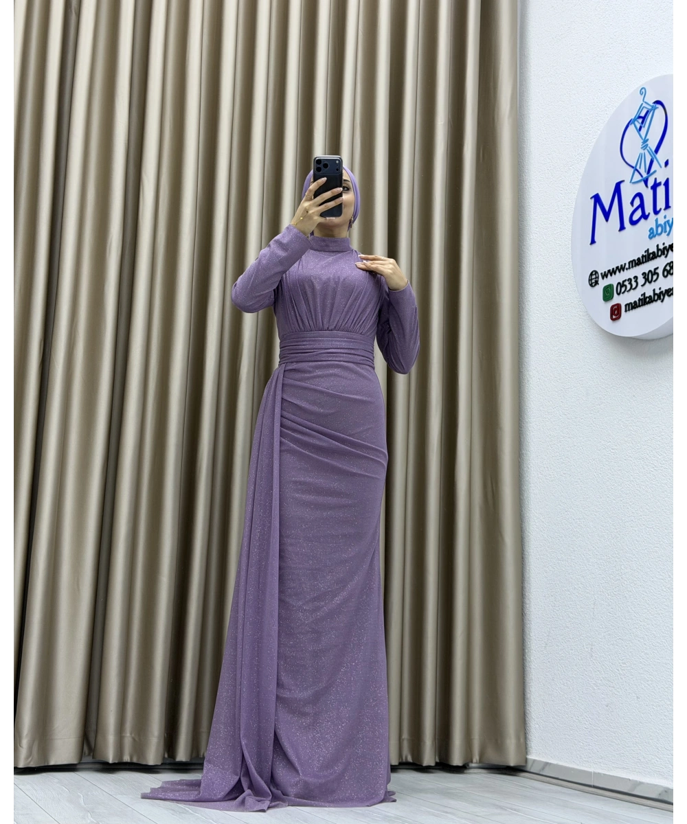 Drapeli Kuşak Detaylı Uzun Abiye Elbise