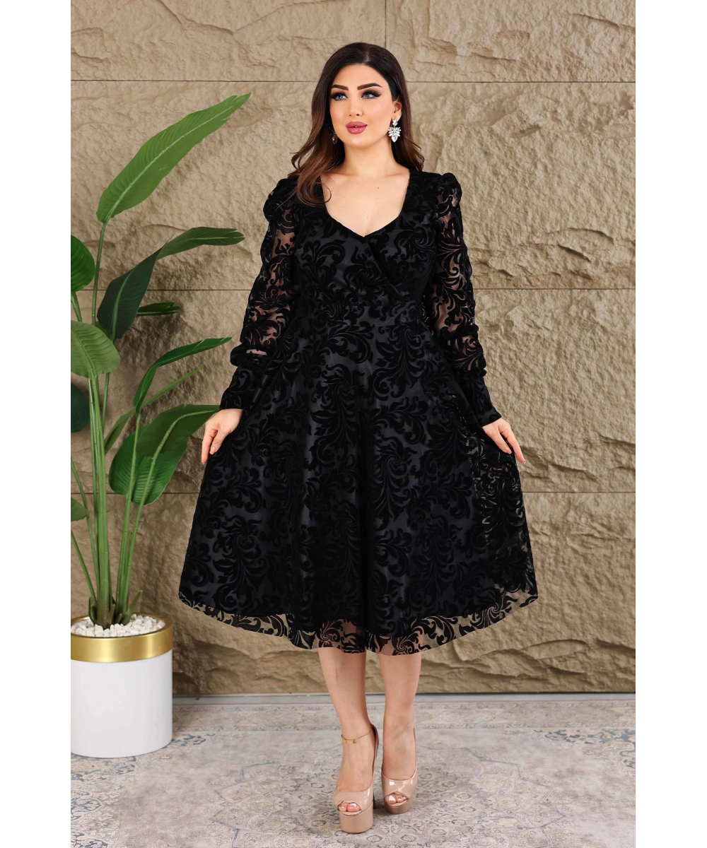 Esnek Tül Üzerine Flok Baskılı Astarı İnce Saten Kalp Dekolteli Midi Elbise Abiye