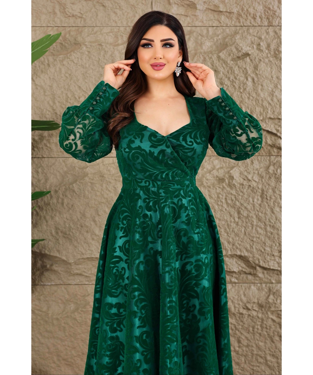 Esnek Tül Üzerine Flok Baskılı Astarı İnce Saten Kalp Dekolteli Midi Elbise Abiye