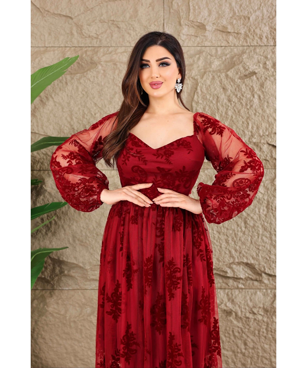 Esnek Tül Üzerine Flok Baskılı Dekolteli Elbise Abiye