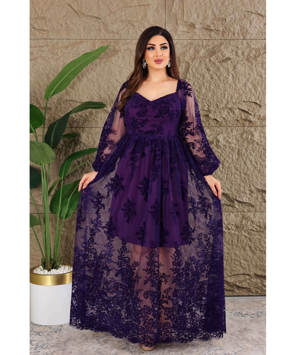 Esnek Tül Üzerine Flok Baskılı Dekolteli Elbise Abiye