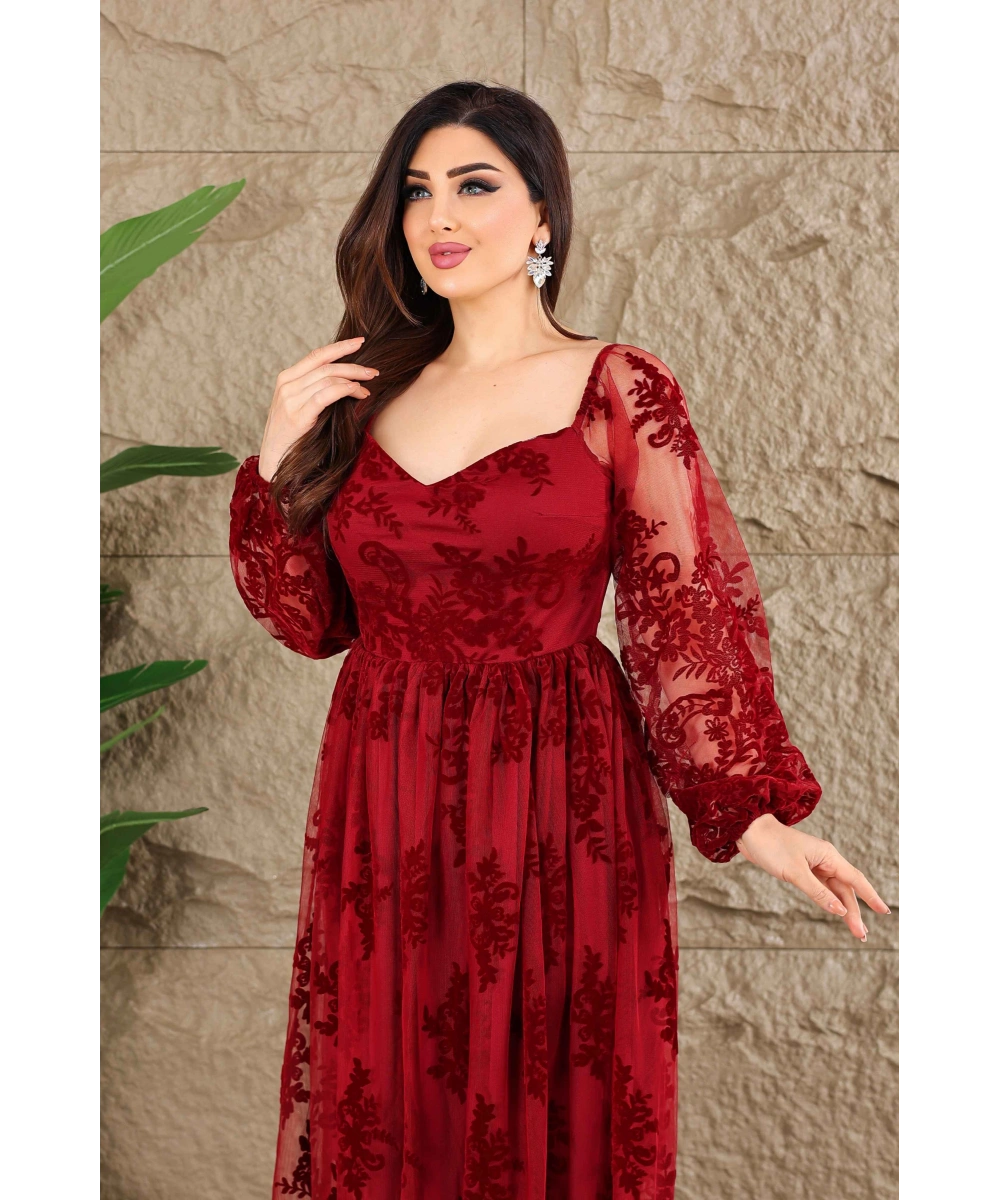 Esnek Tül Üzerine Flok Baskılı Dekolteli Elbise Abiye