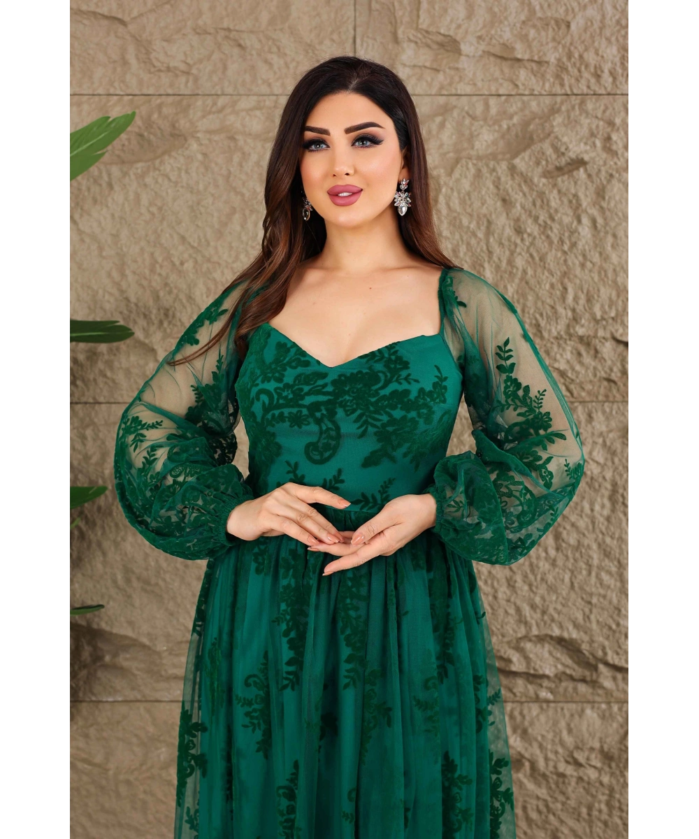 Esnek Tül Üzerine Flok Baskılı Dekolteli Elbise Abiye