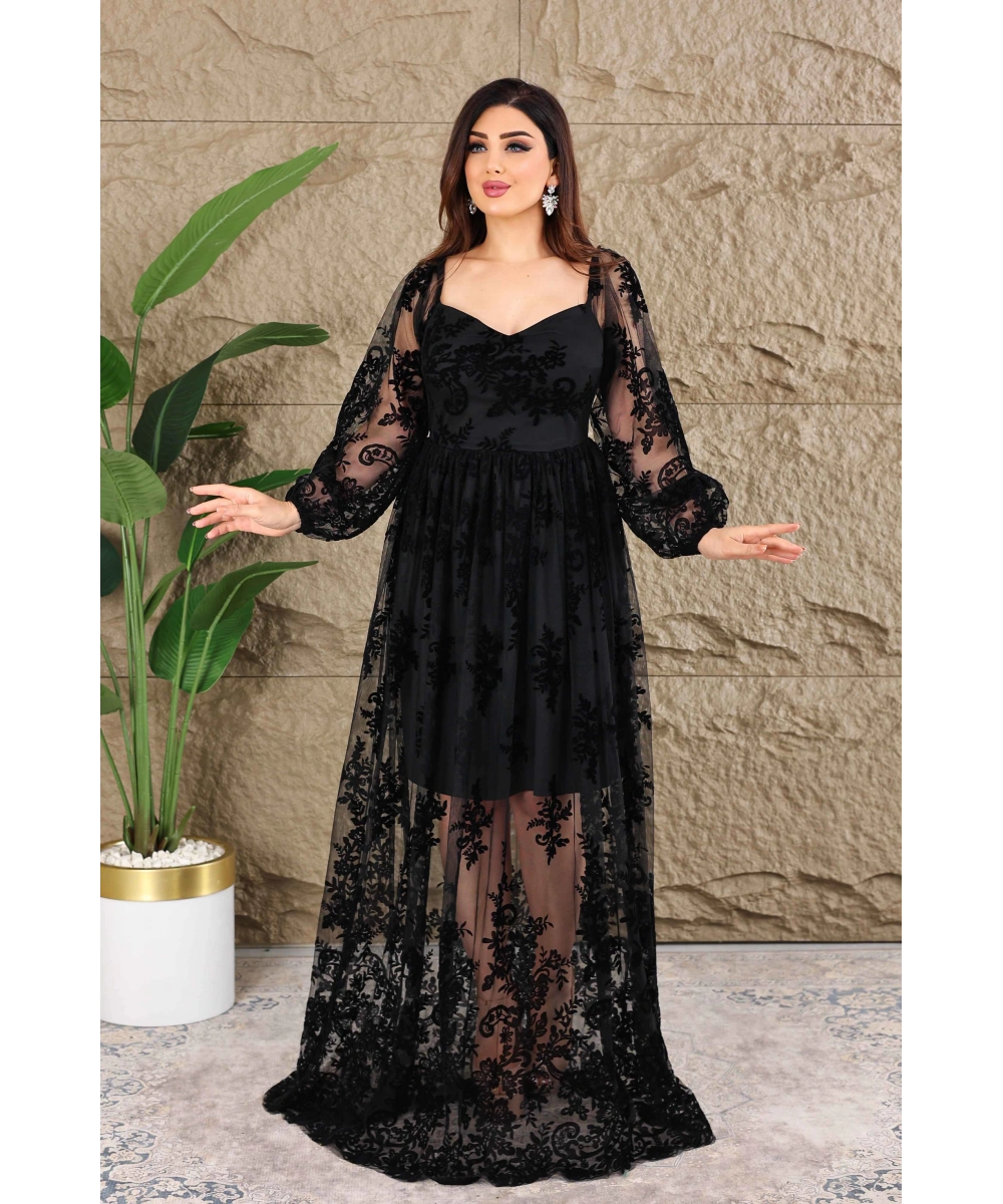 Esnek Tül Üzerine Flok Baskılı Dekolteli Elbise Abiye