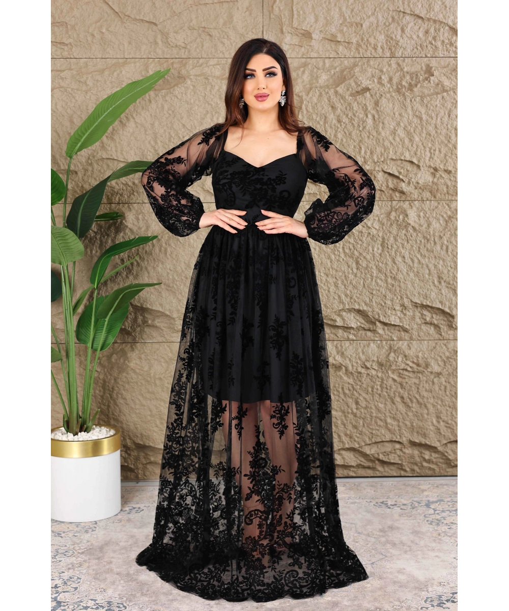 Esnek Tül Üzerine Flok Baskılı Dekolteli Elbise Abiye